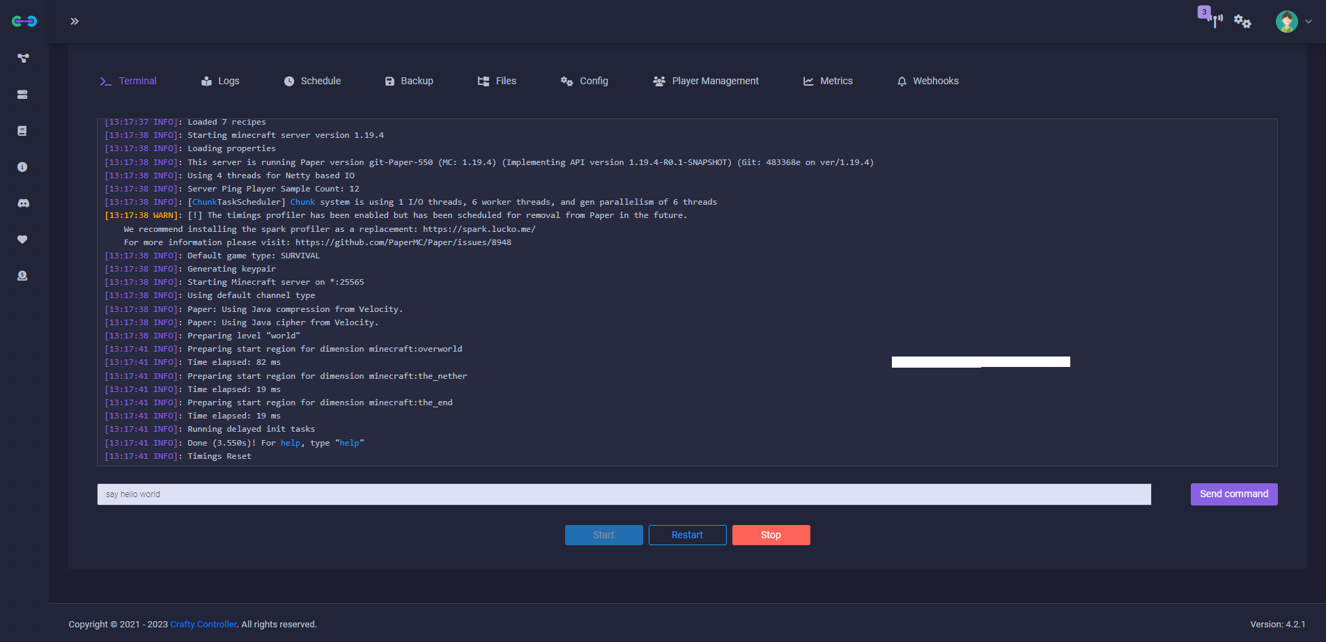Crafty Controller interface
